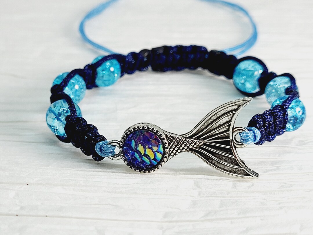 Mermaid Tail Rainbow Glow Beads Woven Accessory Friendship Bracelet Adjustable Purple Teal Ocean Blue Knotted Macrame MakerPlace by